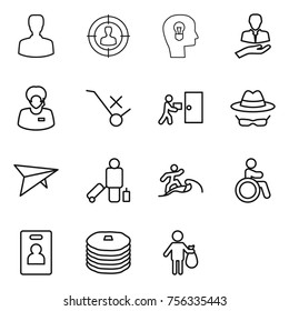 Thin line icon set : man, target audience, bulb head, client, support manager, do not trolley sign, courier delivery, confidential, deltaplane, passenger, surfer, invalid, identity card, pancakes
