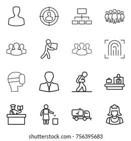 Thin line icon set : man, target audience, hierarchy, team, group, courier, fingerprint, virtual mask, client, tourist, baggage checking, inspector, garbage bin, home call cleaning, cleaner