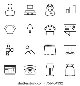 Thin line icon set : man, hierarchy, call center, graph, hex molecule, tower, barn, location details, satellite, landscape, curtain, table, wardrobe, phone, floor lamp, flour