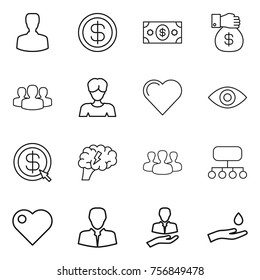 Thin line icon set : man, dollar, money, gift, group, woman, heart, eye, arrow, brain, structure, client, hand and drop
