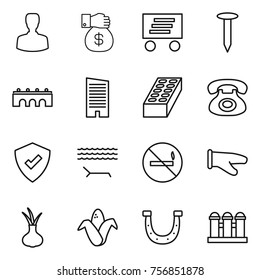 Thin line icon set : man, money gift, delivery, nail, bridge, skyscraper, brick, phone, protected, lounger, no smoking, cook glove, onion, corn, horseshoe, grain elevator