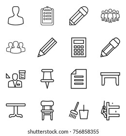 Thin line icon set : man, clipboard, pencil, team, group, calculator, architector, pin, document, table, chair, bucket and broom, skyscrapers cleaning