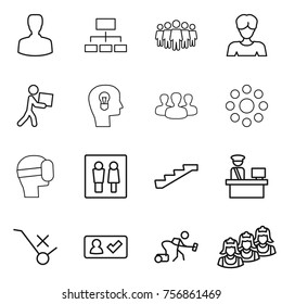 Thin line icon set : man, hierarchy, team, woman, courier, bulb head, group, round around, virtual mask, wc, stairs, customs control, do not trolley sign, check in, vacuum cleaner, outsource