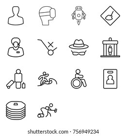 Thin line icon set : man, virtual mask, jet robot, under construction, support manager, do not trolley sign, confidential, detector, passenger, surfer, invalid, identity card, pancakes