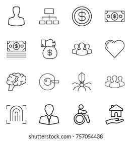 Thin line icon set : man, hierarchy, dollar, money, gift, group, heart, brain, cell corection, virus, fingerprint, client, invalid, housing