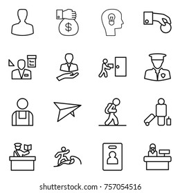 Thin line icon set : man, money gift, bulb head, hand coin, architector, client, courier delivery, security, workman, deltaplane, tourist, passenger, inspector, surfer, identity card, reception