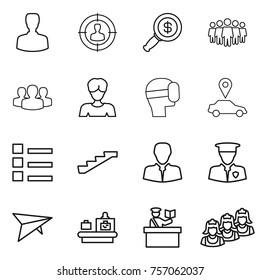Thin line icon set : man, target audience, dollar magnifier, team, group, woman, virtual mask, car pointer, list, stairs, client, security, deltaplane, baggage checking, inspector, outsource