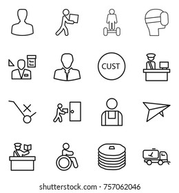 Thin line icon set : man, courier, hoverboard, virtual mask, architector, client, customs, control, do not trolley sign, delivery, workman, deltaplane, inspector, invalid, pancakes