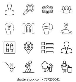 Thin line icon set : man, dollar magnifier, team, group, bulb head, fingerprint, virtual mask, car pointer, wc, pin, list, client, do not trolley sign, tourist, garden cleaning, garbage bin