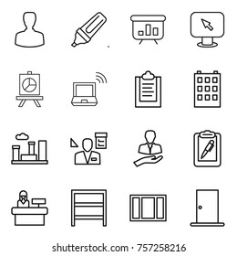 Thin line icon set : man, marker, presentation, monitor arrow, notebook wireless, clipboard, building, city, architector, client, pen, reception, rack, window, door