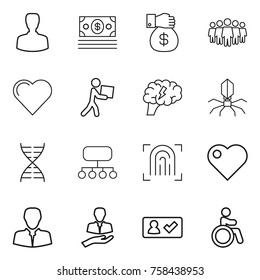 Thin line icon set : man, money, gift, team, heart, courier, brain, virus, dna, structure, fingerprint, client, check in, invalid