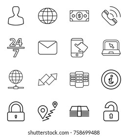 Thin line icon set : man, globe, money, call, 24 7, mail, touch, notebook, connect, up down arrow, server, info, lock, route, unlocked