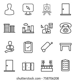 Thin line icon set : man, monitor arrow, presentation, door, district, city, architector, phone, client, clipboard check, suitcase, table, clean window, skysrcapers cleaning, list