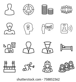 Thin line icon set : man, target audience, coin stack, team, woman, bulb head, presentation, pass card, architector, client, security, bed, skysrcapers cleaning, vacuum cleaner, outsource