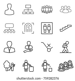 Thin line icon set : man, hierarchy, team, group, structure, fingerprint, wc, stairs, client, do not trolley sign, tourist, garden cleaning, garbage bin, outsource