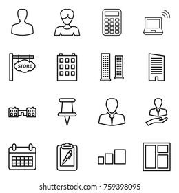 Thin line icon set : man, woman, calculator, notebook wireless, store signboard, building, skyscrapers, skyscraper, school, pin, client, calendar, clipboard pen, sorting, window