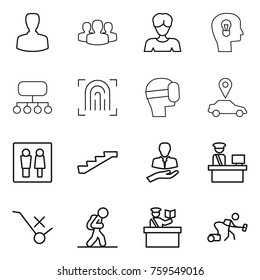 Thin line icon set : man, group, woman, bulb head, structure, fingerprint, virtual mask, car pointer, wc, stairs, client, customs control, do not trolley sign, tourist, inspector, vacuum cleaner