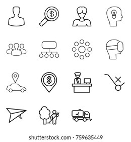 Thin line icon set : man, dollar magnifier, woman, bulb head, group, structure, round around, virtual mask, car pointer, pin, customs control, do not trolley sign, deltaplane, garden cleaning