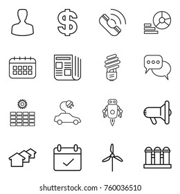 Thin line icon set : man, dollar, call, diagram, calendar, newspaper, bulb, discussion, sun power, electric car, jet robot, megafon, houses, terms, windmill, grain elevator