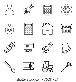 Thin line icon set : man, rocket, calculator, atom, home, gothic architecture, pencil, truck shipping, bell, big spoon, microwave oven, tractor, rake
