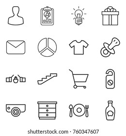 Thin line icon set : man, report, bulb, gift, mail, diagram, t shirt, nipple, drawbridge, stairs, cart, do not distrub, surveillance camera, chest of drawers, fork spoon plate, ketchup