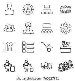 Thin Line Icon Set : Man, Target Audience, Hierarchy, Team, Group, Woman, Structure, Round Around, Fingerprint, List, Do Not Trolley Sign, Inspector, Garbage Bin, Home Call Cleaning, Outsource