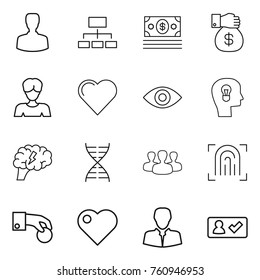 Thin line icon set : man, hierarchy, money, gift, woman, heart, eye, bulb head, brain, dna, group, fingerprint, hand coin, client, check in