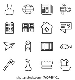 Thin line icon set : man, globe, newspaper, satellite, building, panel house, smart, location details, deltaplane, do not distrub, window, fish, axe, pear, sponge, handle washing