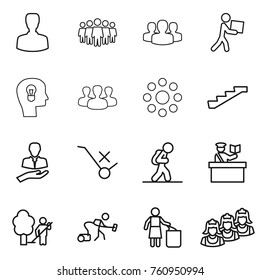 Thin line icon set : man, team, group, courier, bulb head, round around, stairs, client, do not trolley sign, tourist, inspector, garden cleaning, vacuum cleaner, garbage bin, outsource