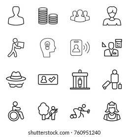 Thin line icon set : man, coin stack, group, woman, courier, bulb head, pass card, architector, confidential, check in, detector, passenger, invalid, garden cleaning, vacuum cleaner