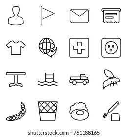 Thin line icon set : man, flag, mail, atm receipt, t shirt, delivery, first aid, power socket, table, pool, pickup, wasp, peas, trash bin, soap, toilet brush