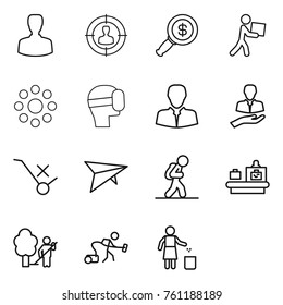Thin line icon set : man, target audience, dollar magnifier, courier, round around, virtual mask, client, do not trolley sign, deltaplane, tourist, baggage checking, garden cleaning, vacuum cleaner