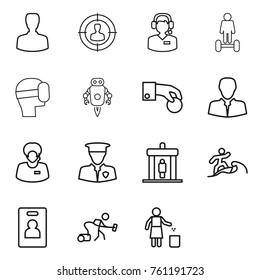 Thin line icon set : man, target audience, call center, hoverboard, virtual mask, jet robot, hand coin, client, support manager, security, detector, surfer, identity card, vacuum cleaner