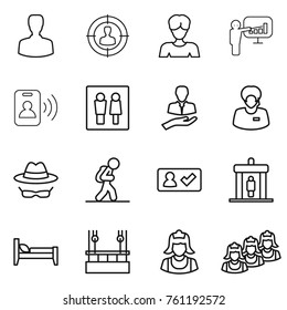 Thin line icon set : man, target audience, woman, presentation, pass card, wc, client, support manager, confidential, tourist, check in, detector, bed, skysrcapers cleaning, cleaner, outsource