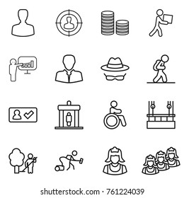 Thin line icon set : man, target audience, coin stack, courier, presentation, client, confidential, tourist, check in, detector, invalid, skysrcapers cleaning, garden, vacuum cleaner, outsource