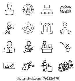 Thin Line Icon Set : Man, Target Audience, Hierarchy, Team, Courier, Round Around, Fingerprint, Car Pointer, Client, Customs Control, Do Not Trolley Sign, Check In, Vacuum Cleaner, Garbage Bin