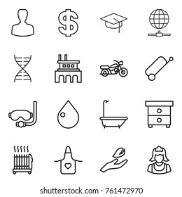 Thin line icon set : man, dollar, graduate hat, globe connect, dna, factory, motorcycle, suitcase, diving mask, drop, bath, nightstand, radiator, apron, hand leaf, cleaner