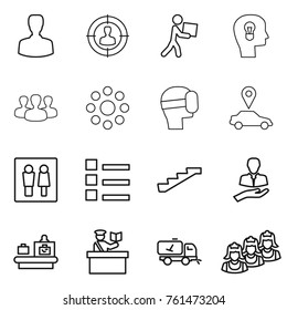 Thin line icon set : man, target audience, courier, bulb head, group, round around, virtual mask, car pointer, wc, list, stairs, client, baggage checking, inspector, home call cleaning, outsource