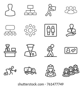 Thin line icon set : man, hierarchy, courier, group, structure, round around, wc, client, customs control, security, tourist, check in, vacuum cleaner, home call cleaning, outsource