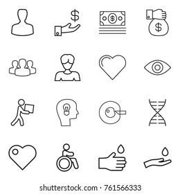 Thin line icon set : man, investment, money, gift, group, woman, heart, eye, courier, bulb head, cell corection, dna, invalid, hand drop, and