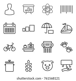 Thin line icon set : man, presentation, atom, bar code, calendar, sorting, insurance, sail boat, bike, baggage checking, antique column, pets, pan, spikelets, pig, hand dryer