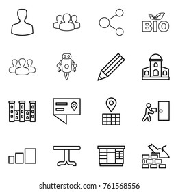 Thin line icon set : man, group, molecule, bio, jet robot, pencil, mansion, palace, location details, map, courier delivery, sorting, table, wardrobe, construct garbage