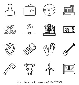 Thin line icon set : man, wallet, clock, cashbox, bio, laser, office, ticket, shield, jellyfish, flip flops, shovel, axe, cow, windmill, farm fence