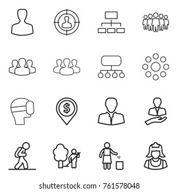 Thin line icon set : man, target audience, hierarchy, team, group, structure, round around, virtual mask, dollar pin, client, tourist, garden cleaning, garbage bin, cleaner