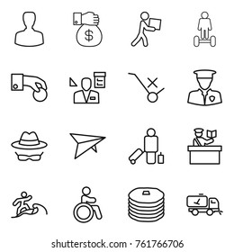 Thin line icon set : man, money gift, courier, hoverboard, hand coin, architector, do not trolley sign, security, confidential, deltaplane, passenger, inspector, surfer, invalid, pancakes