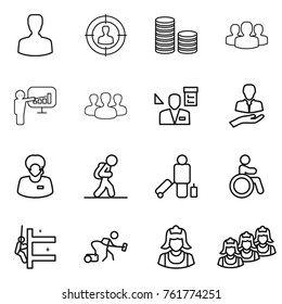 Thin line icon set : man, target audience, coin stack, group, presentation, architector, client, support manager, tourist, passenger, invalid, skyscrapers cleaning, vacuum cleaner, outsource