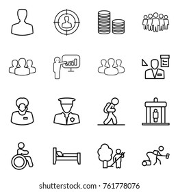 Thin line icon set : man, target audience, coin stack, team, group, presentation, architector, support manager, security, tourist, detector, invalid, bed, garden cleaning, vacuum cleaner