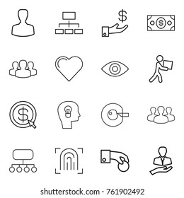 Thin line icon set : man, hierarchy, investment, money, group, heart, eye, courier, dollar arrow, bulb head, cell corection, structure, fingerprint, hand coin, client