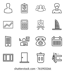 Thin line icon set : man, report, group, woman, statistics, calculator, presentation, skyscraper, architector, phone, calendar, window, door, trash bin, skyscrapers cleaning