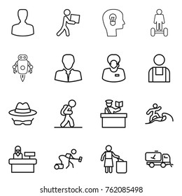 Thin line icon set : man, courier, bulb head, hoverboard, jet robot, client, support manager, workman, confidential, tourist, inspector, surfer, reception, vacuum cleaner, garbage bin